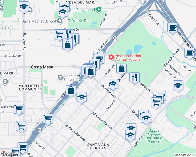 map of restaurants, bars, coffee shops, grocery stores, and more near in Costa Mesa