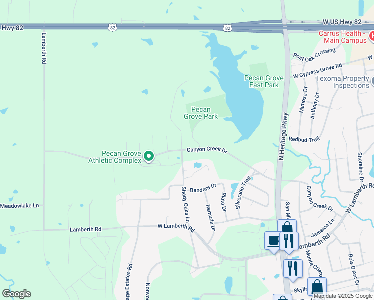 map of restaurants, bars, coffee shops, grocery stores, and more near Canyon Creek Drive in Sherman