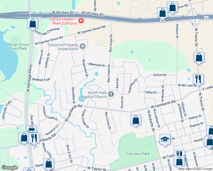 map of restaurants, bars, coffee shops, grocery stores, and more near 1505 Lakewood Drive in Sherman