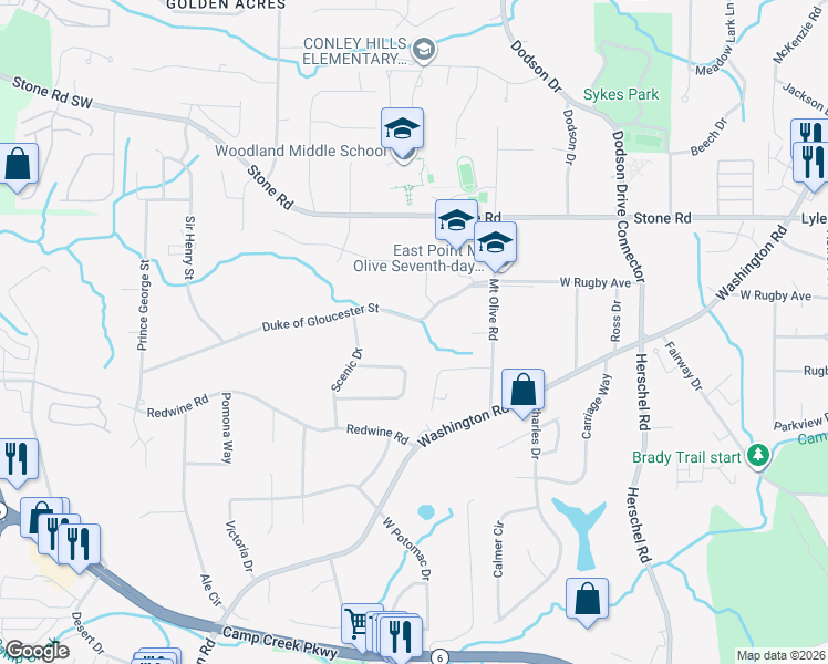 map of restaurants, bars, coffee shops, grocery stores, and more near 2785 Duke of Gloucester Street in East Point