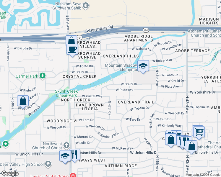 map of restaurants, bars, coffee shops, grocery stores, and more near 4752 West Oraibi Drive in Glendale