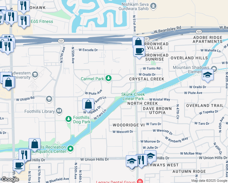 map of restaurants, bars, coffee shops, grocery stores, and more near 5206 West Wikieup Lane in Glendale