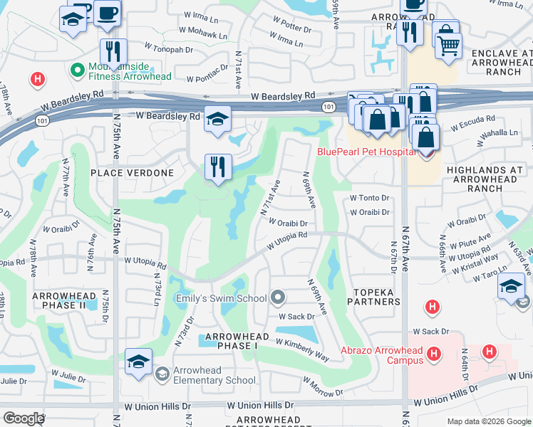 map of restaurants, bars, coffee shops, grocery stores, and more near 19622 North 71st Avenue in Glendale
