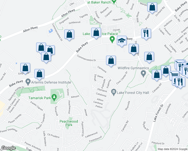map of restaurants, bars, coffee shops, grocery stores, and more near 122 Denali in Lake Forest