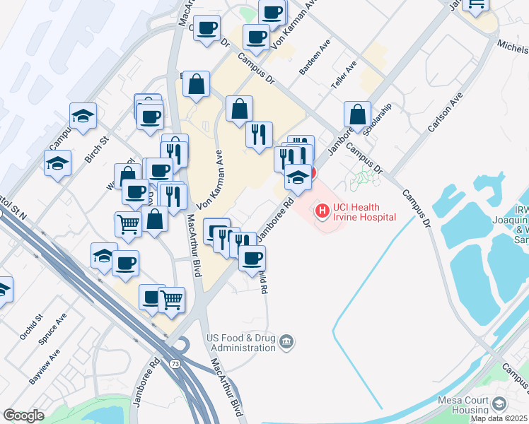 map of restaurants, bars, coffee shops, grocery stores, and more near 4321 Jamboree Road in Newport Beach