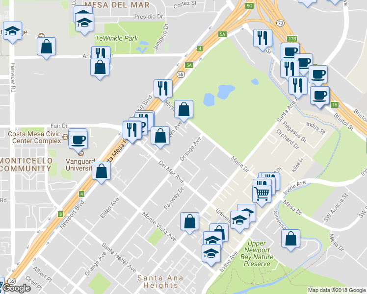 map of restaurants, bars, coffee shops, grocery stores, and more near 162 Quiet Bay Lane in Costa Mesa