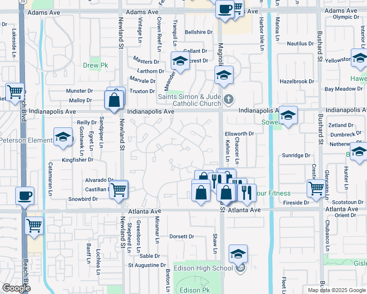 map of restaurants, bars, coffee shops, grocery stores, and more near 8799 Placer Circle in Huntington Beach