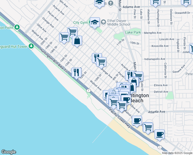 map of restaurants, bars, coffee shops, grocery stores, and more near 310 11th Street in Huntington Beach