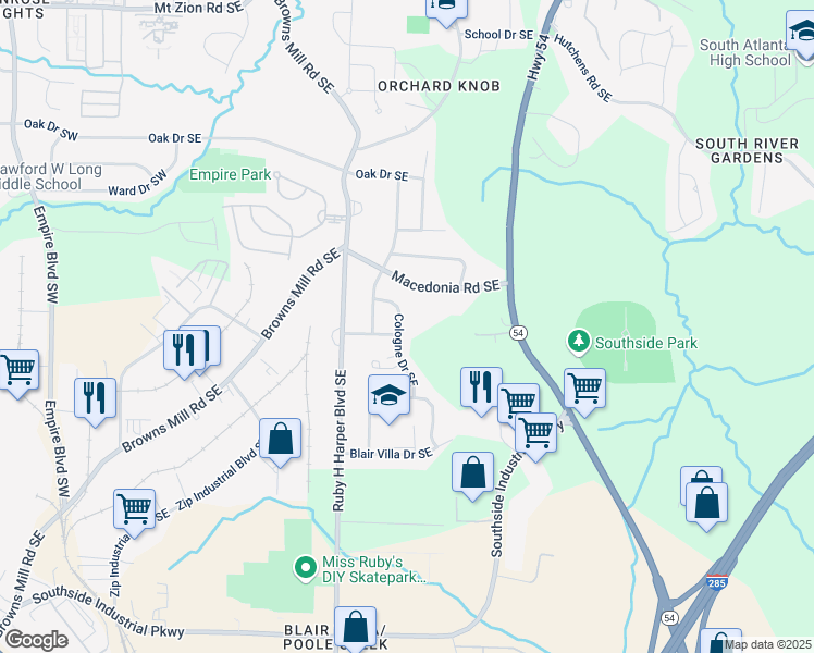 map of restaurants, bars, coffee shops, grocery stores, and more near 398 Cologne Drive Southeast in Atlanta