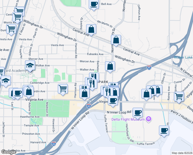 map of restaurants, bars, coffee shops, grocery stores, and more near 3411 Bachelor Street in East Point