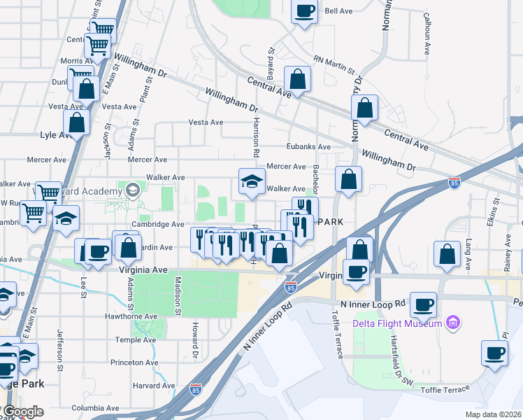 map of restaurants, bars, coffee shops, grocery stores, and more near 3412 Harrison Road in East Point