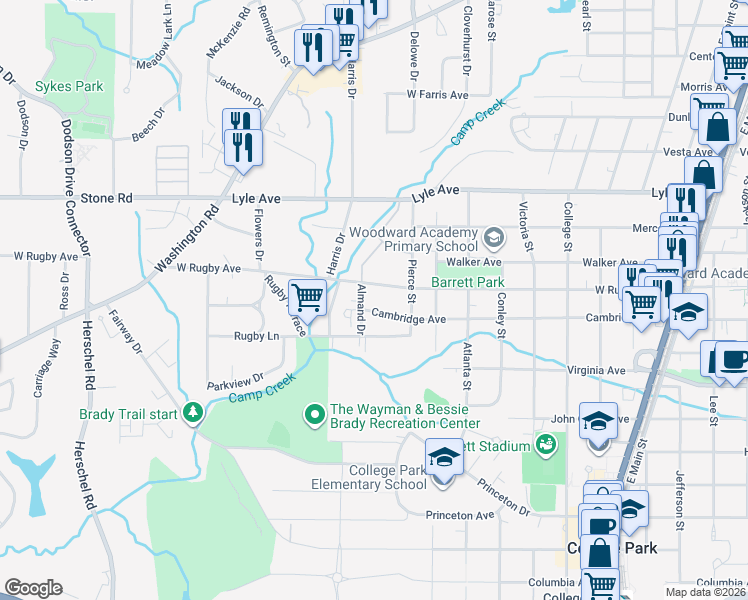 map of restaurants, bars, coffee shops, grocery stores, and more near 2139 West Rugby Avenue in College Park