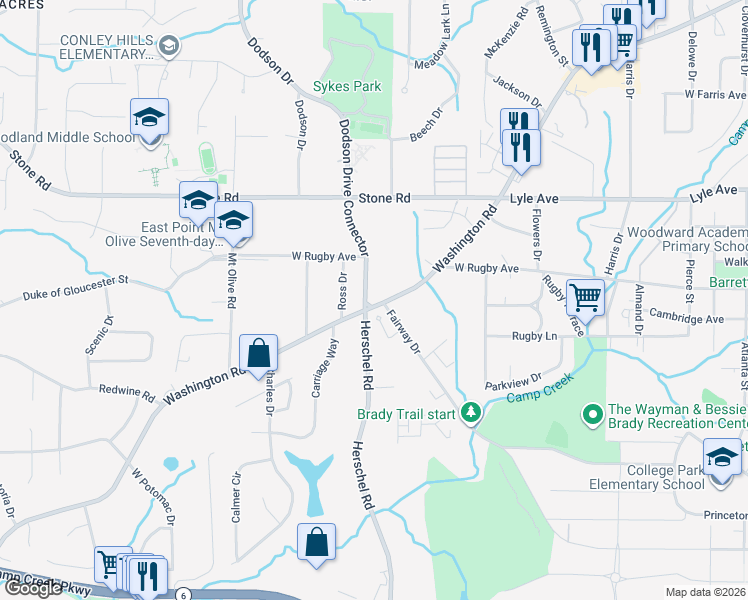 map of restaurants, bars, coffee shops, grocery stores, and more near 3409 Washington Road in Atlanta