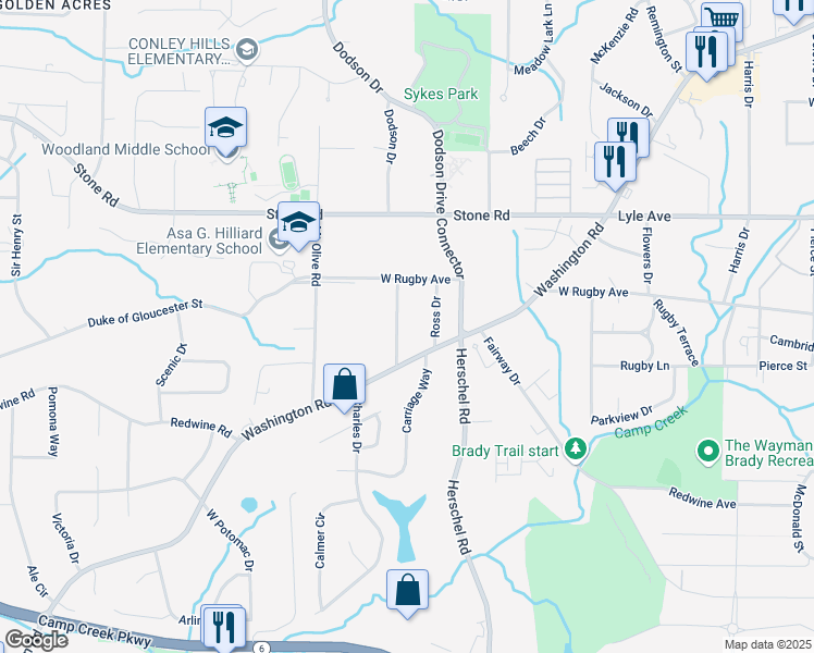 map of restaurants, bars, coffee shops, grocery stores, and more near 3436 Dodson Terrace in East Point