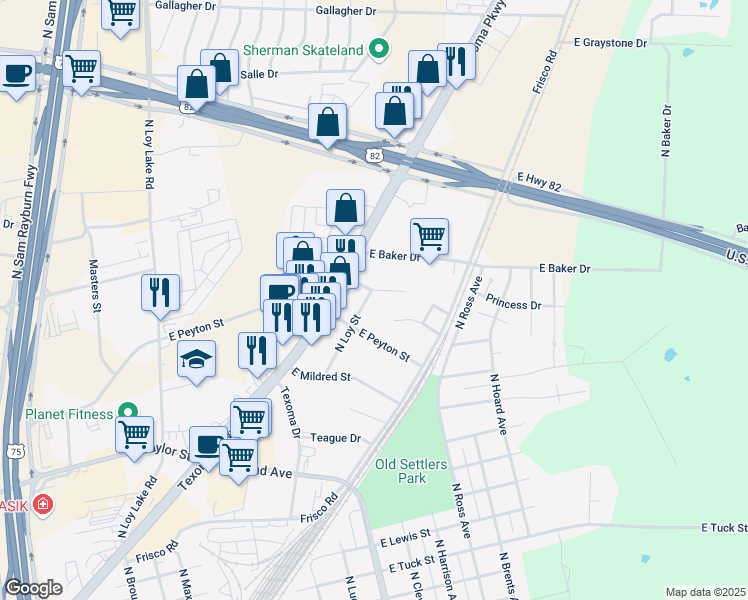 map of restaurants, bars, coffee shops, grocery stores, and more near 1515 East Nall Street in Sherman
