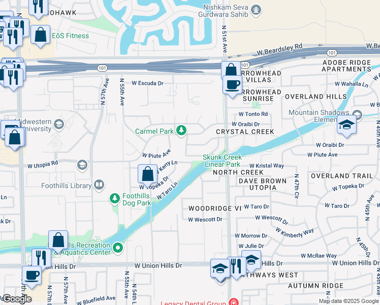 map of restaurants, bars, coffee shops, grocery stores, and more near 5206 West Wikieup Lane in Glendale