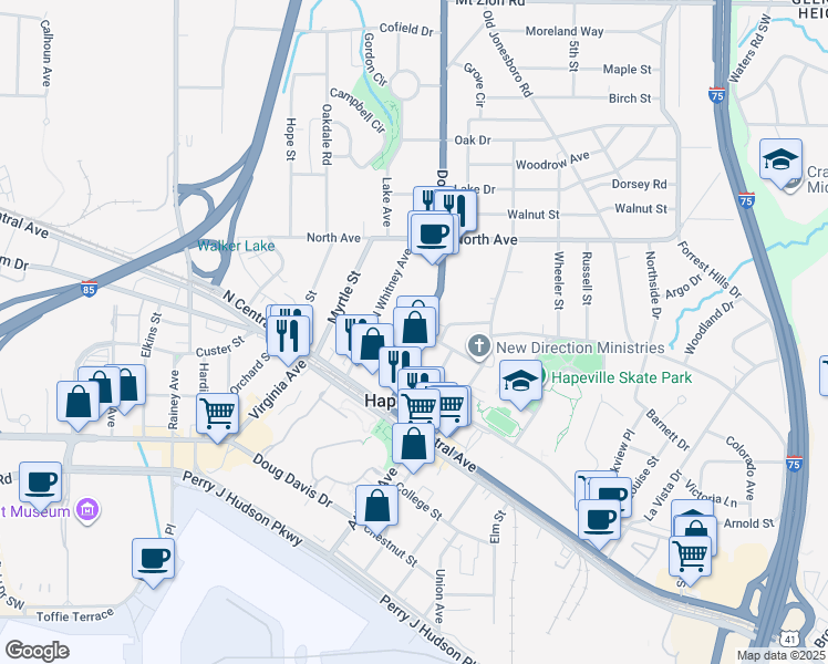 map of restaurants, bars, coffee shops, grocery stores, and more near 3345 Dogwood Drive in Hapeville