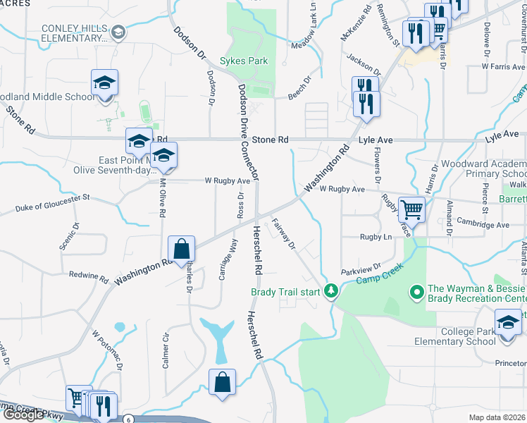 map of restaurants, bars, coffee shops, grocery stores, and more near 3409 Washington Road in Atlanta