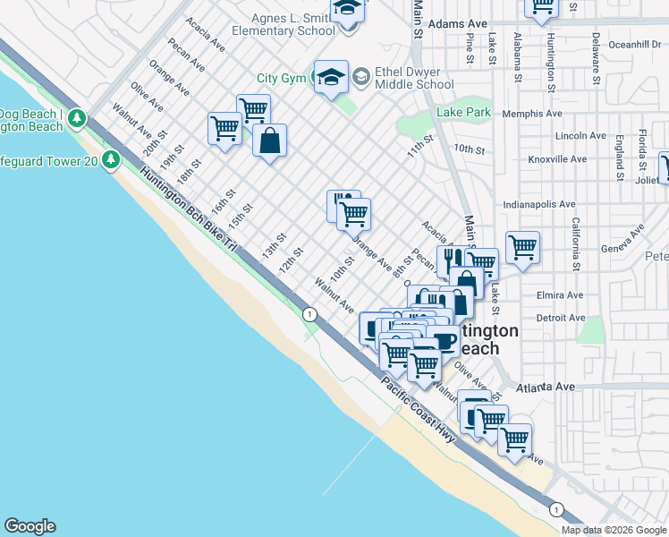 map of restaurants, bars, coffee shops, grocery stores, and more near 310 11th Street in Huntington Beach