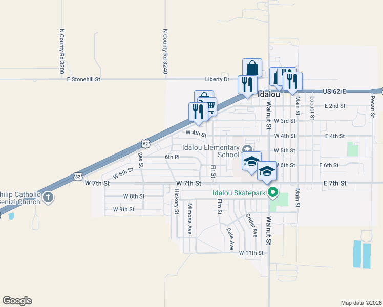 map of restaurants, bars, coffee shops, grocery stores, and more near 715 West 5th Street in Idalou