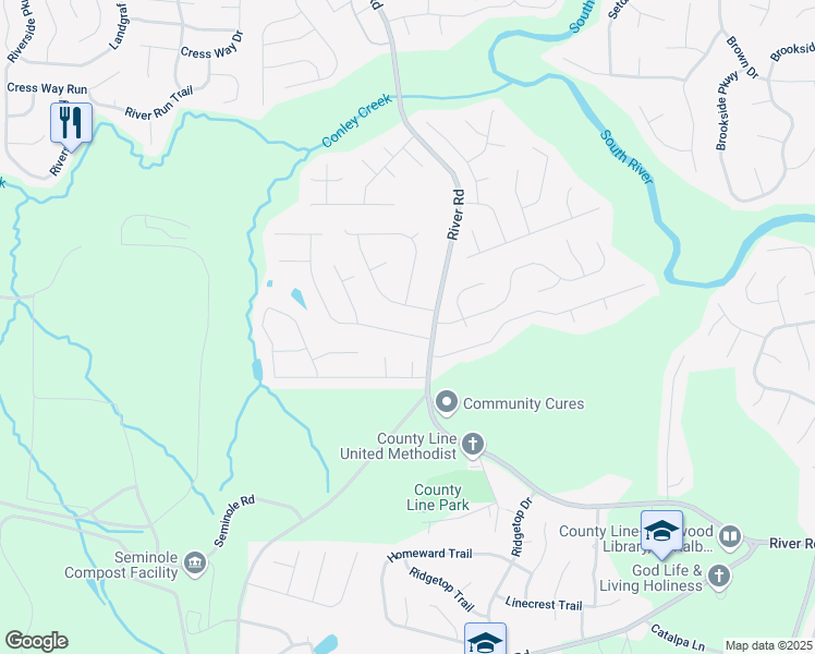 map of restaurants, bars, coffee shops, grocery stores, and more near 3470 River Mill Lane in Ellenwood