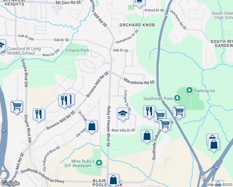 map of restaurants, bars, coffee shops, grocery stores, and more near 3395 Renault Road Southeast in Atlanta