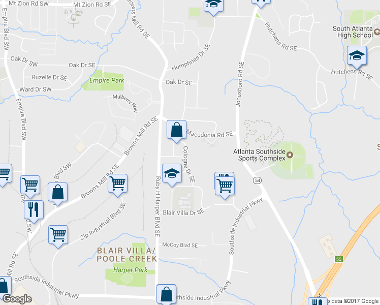 map of restaurants, bars, coffee shops, grocery stores, and more near 398 Cologne Drive Southeast in Atlanta