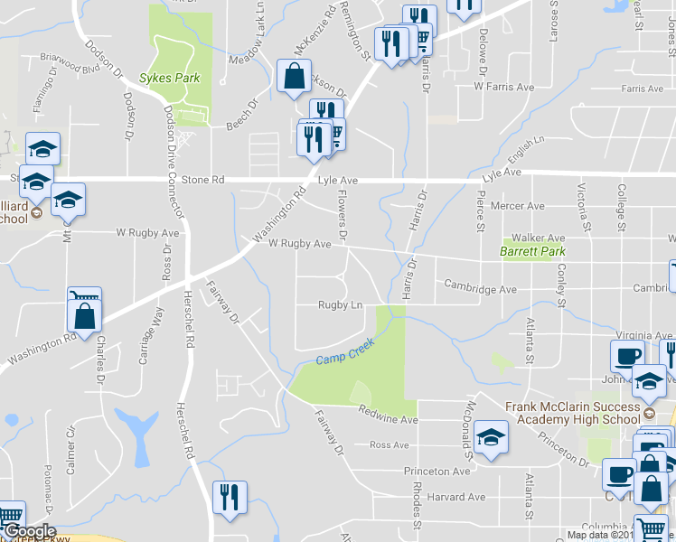 map of restaurants, bars, coffee shops, grocery stores, and more near 3423 Rugby Cir in College Park