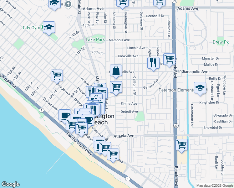 map of restaurants, bars, coffee shops, grocery stores, and more near 212 Geneva Avenue in Huntington Beach