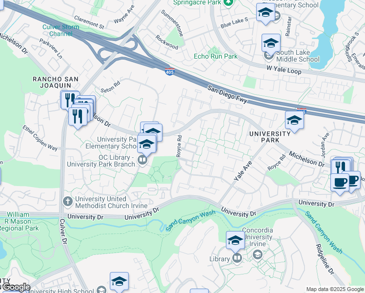 map of restaurants, bars, coffee shops, grocery stores, and more near 4521 Green Tree Lane in Irvine