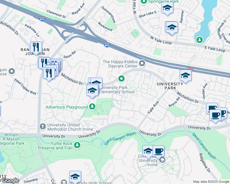 map of restaurants, bars, coffee shops, grocery stores, and more near 4521 Green Tree Lane in Irvine