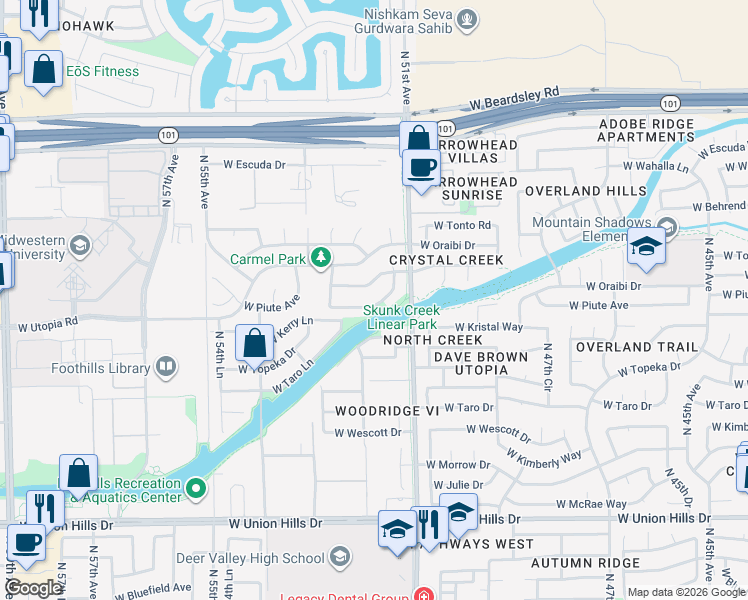map of restaurants, bars, coffee shops, grocery stores, and more near 5125 West Wikieup Lane in Glendale