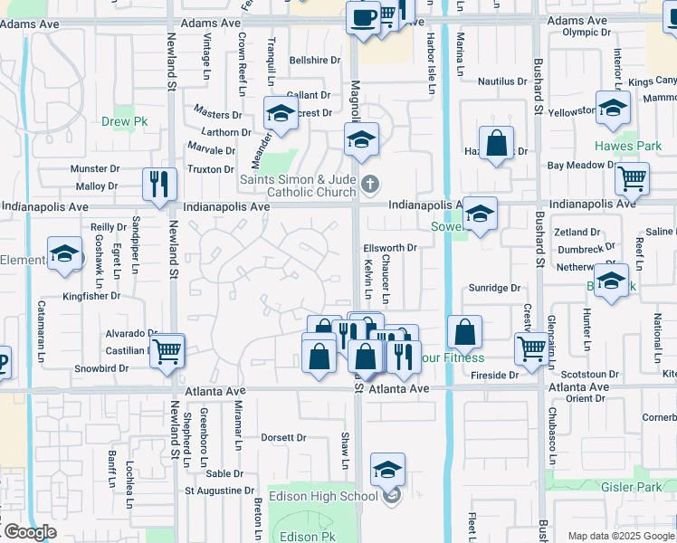 map of restaurants, bars, coffee shops, grocery stores, and more near 8933 Yolo Circle in Huntington Beach