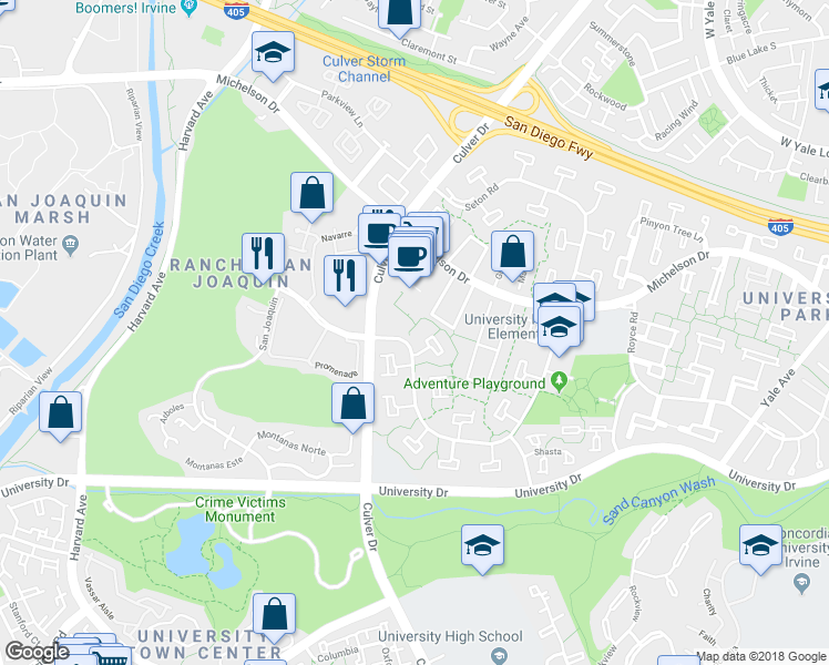 map of restaurants, bars, coffee shops, grocery stores, and more near 4181 Sandburg Way in Irvine