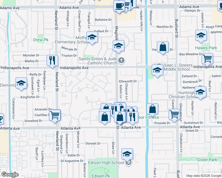 map of restaurants, bars, coffee shops, grocery stores, and more near 8932 Amador Circle in Huntington Beach