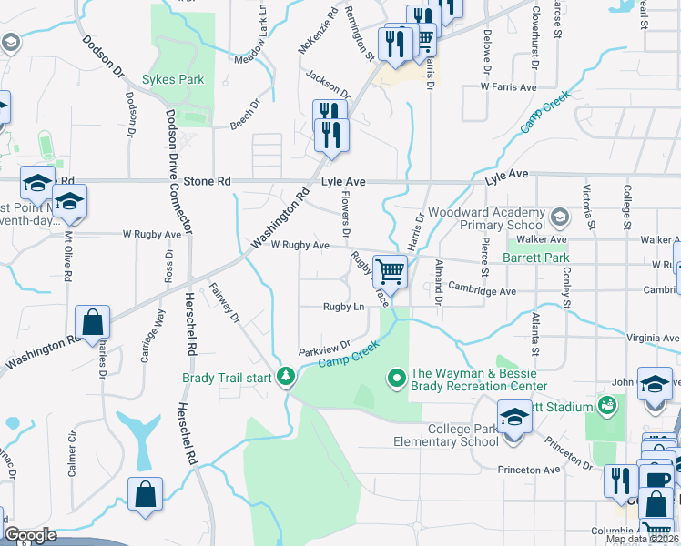 map of restaurants, bars, coffee shops, grocery stores, and more near 3423 Rugby Circle in College Park