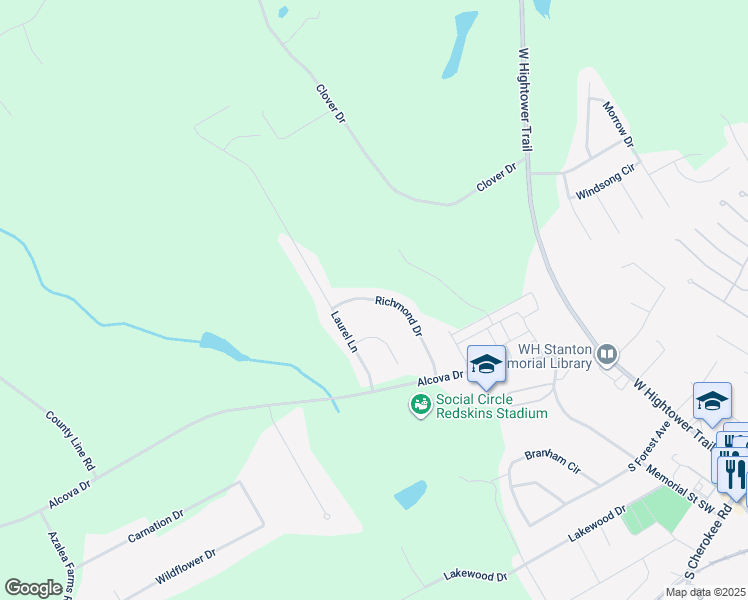 map of restaurants, bars, coffee shops, grocery stores, and more near 337 Richmond Drive in Social Circle