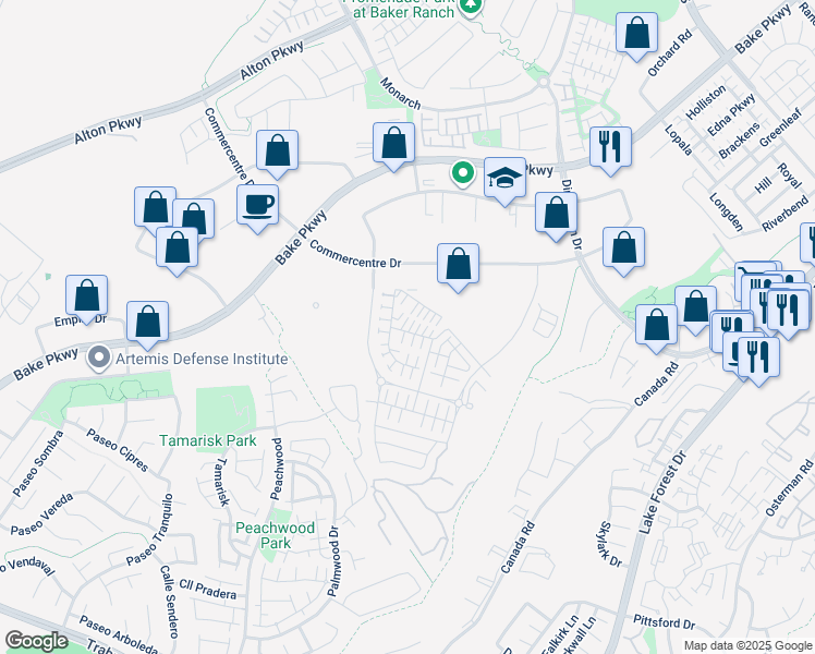 map of restaurants, bars, coffee shops, grocery stores, and more near 122 Denali in Lake Forest