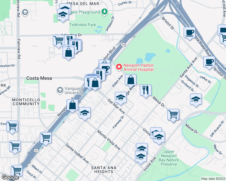 map of restaurants, bars, coffee shops, grocery stores, and more near 2620 Elden Avenue in Costa Mesa