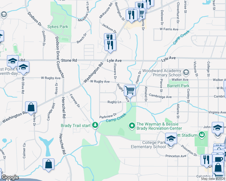 map of restaurants, bars, coffee shops, grocery stores, and more near 2328 West Rugby Avenue in College Park