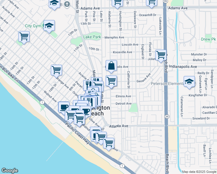 map of restaurants, bars, coffee shops, grocery stores, and more near 606 Lake Street in Huntington Beach
