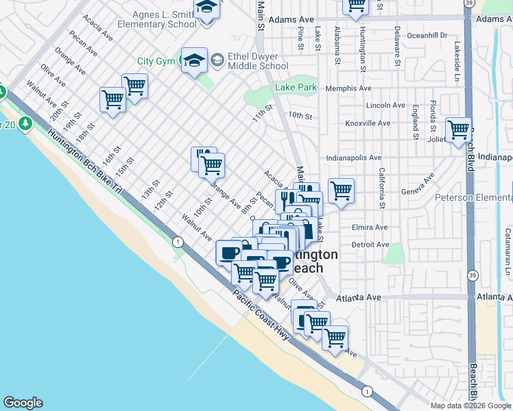 map of restaurants, bars, coffee shops, grocery stores, and more near 416 8th Street in Huntington Beach
