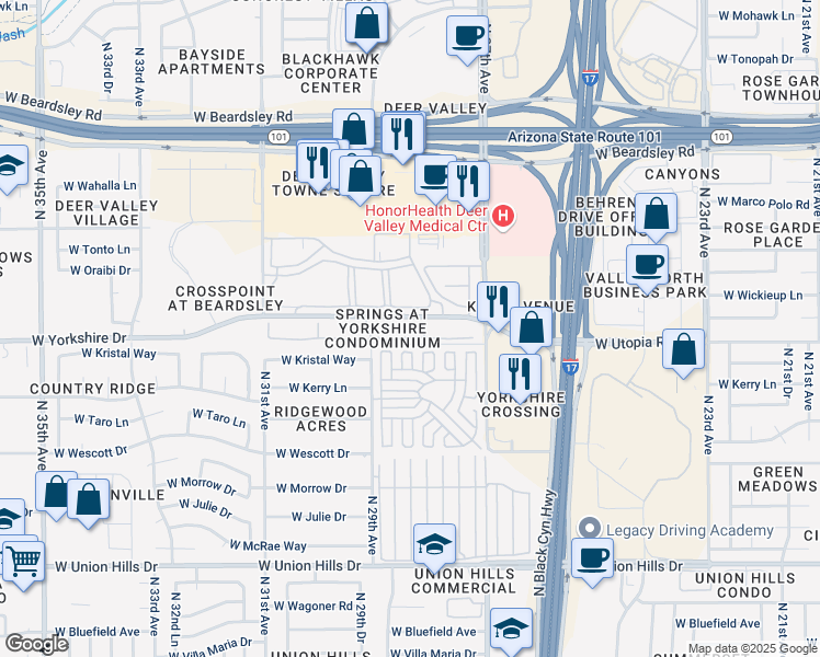 map of restaurants, bars, coffee shops, grocery stores, and more near 2929 West Yorkshire Drive in Phoenix