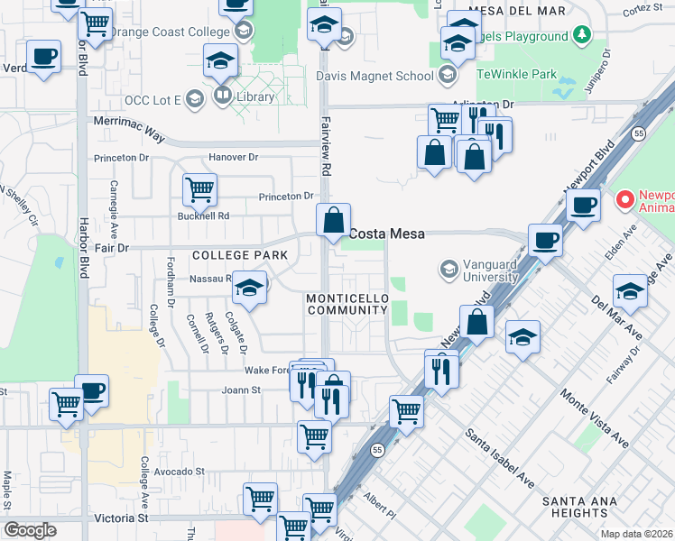 map of restaurants, bars, coffee shops, grocery stores, and more near 2482 Fairview Road in Costa Mesa