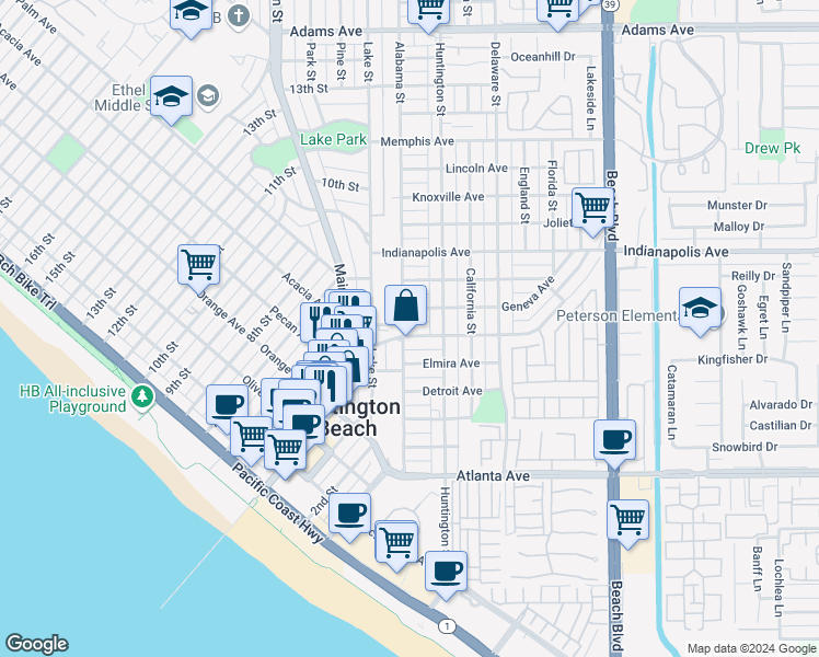 map of restaurants, bars, coffee shops, grocery stores, and more near 203 Frankfort Avenue in Huntington Beach