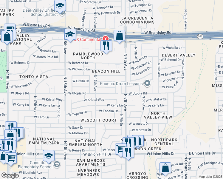 map of restaurants, bars, coffee shops, grocery stores, and more near 802 West Piute Avenue in Phoenix
