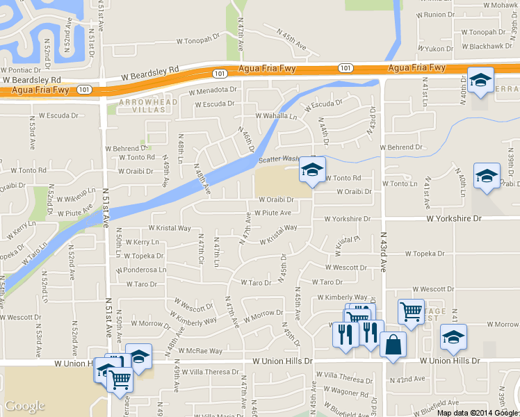 map of restaurants, bars, coffee shops, grocery stores, and more near 19602 North 45th Avenue in Glendale
