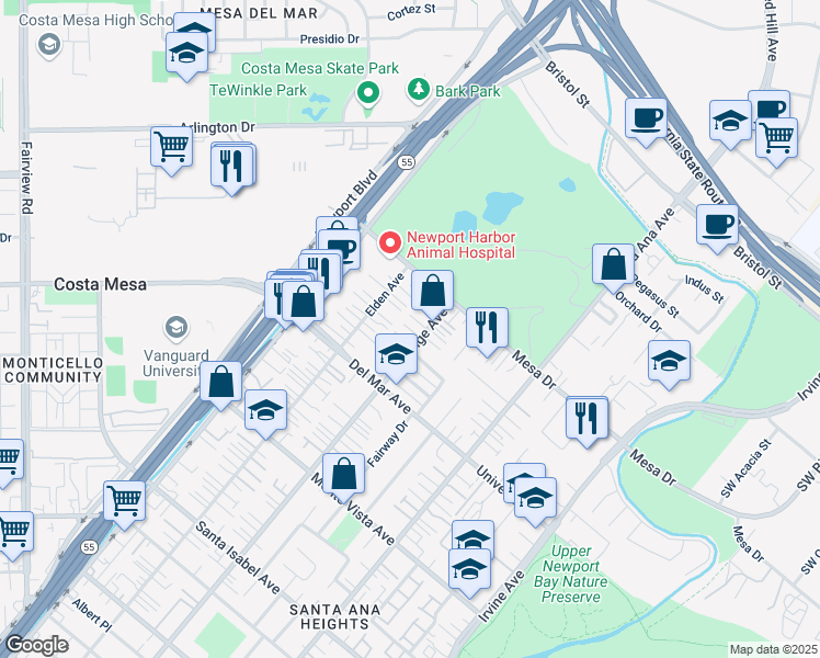 map of restaurants, bars, coffee shops, grocery stores, and more near 162 Quiet Bay Lane in Costa Mesa