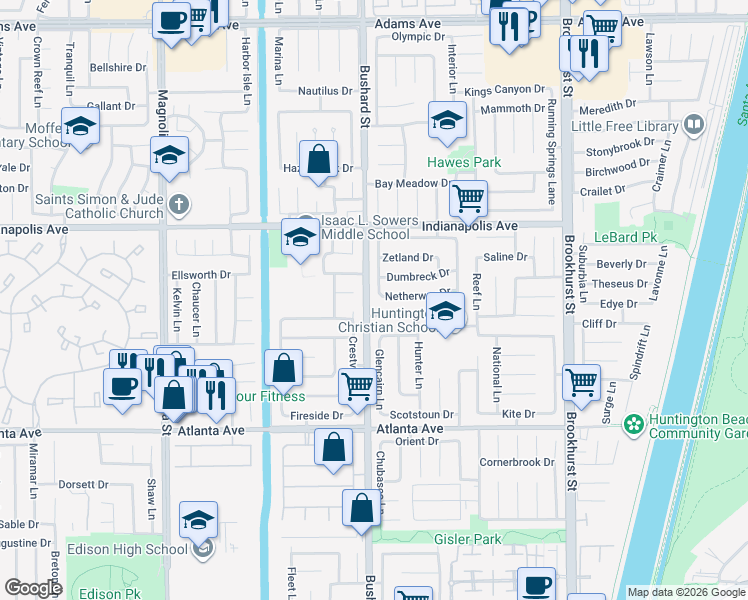 map of restaurants, bars, coffee shops, grocery stores, and more near 9532 Dumbreck Drive in Huntington Beach