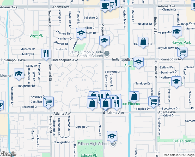 map of restaurants, bars, coffee shops, grocery stores, and more near 8933 Yolo Circle in Huntington Beach
